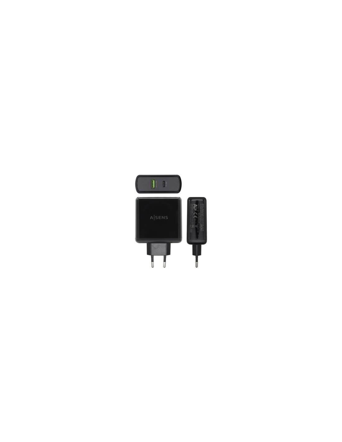 AISENS Cargador 48 W, 1x USB-C PD3.0 30 W, 1x USB-A QC3.0 18 W, Negro