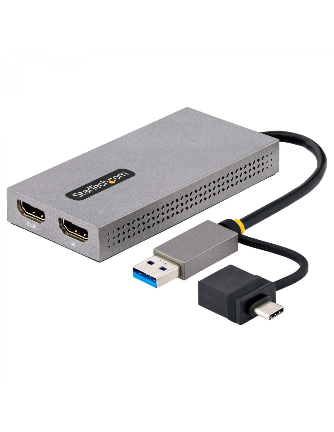StarTech.com Adaptador de USB a HDMI Doble, USB A/C a 2 Pantallas HDMI (1x 4K30Hz, 1x 1080p), Dongle Integrado USB-A a C, Cable 