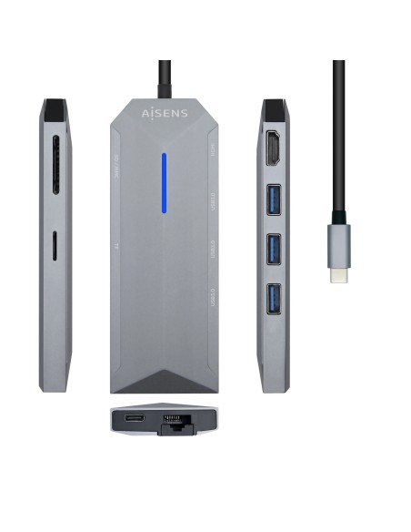 AISENS USB-C dock 8 en 1, USB-C a 1xHDMI, 1xRJ45, 3xUSB, 1xPD, 1xSD,