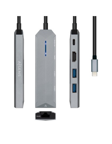 AISENS USB-C dock 5 en 1, USB-C a 1xHDMI, 1xRJ45, 2xUSB, 1xPD, Gris,