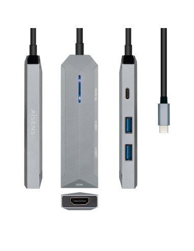 AISENS USB-C dock 4 en 1, USB-C a 1xHDMI, 2xUSB, 1xPD, Gris, 15 cm