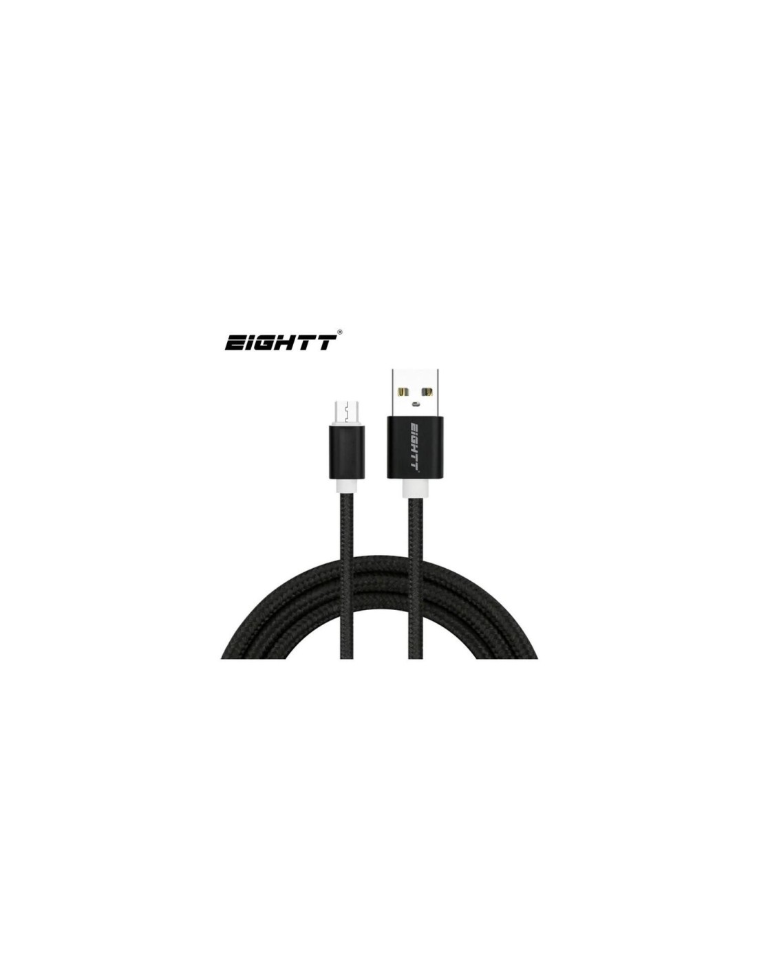 Eightt Cable USB a MicroUSB 2Mts trenzado de Nylon Negro. Carcasa de aluminio