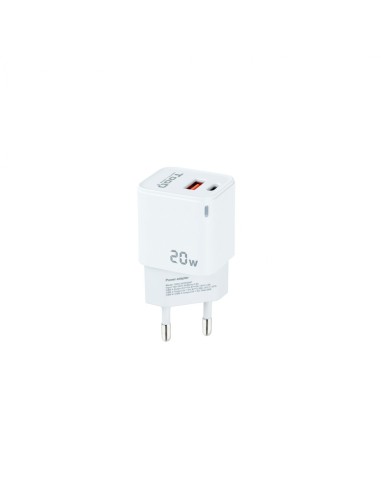 TooQ Cargador de Pared USB-C/PD + USB-A/QC 20W, Blanco