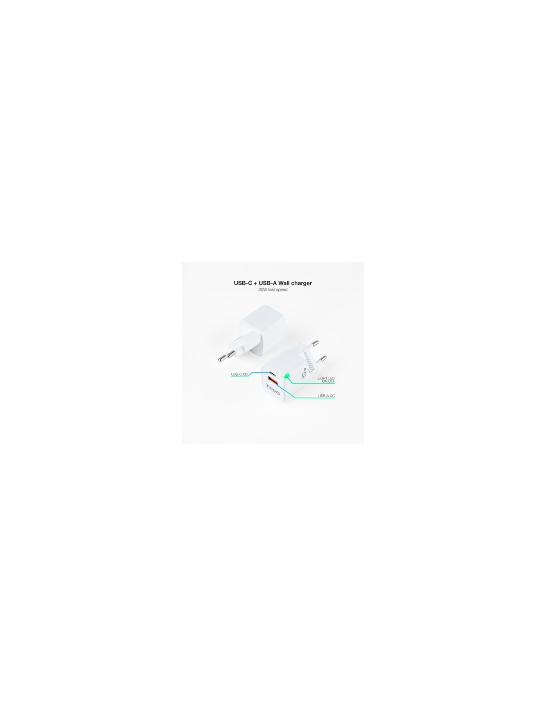 TooQ Cargador de Pared USB-C/PD + USB-A/QC 20W, Blanco