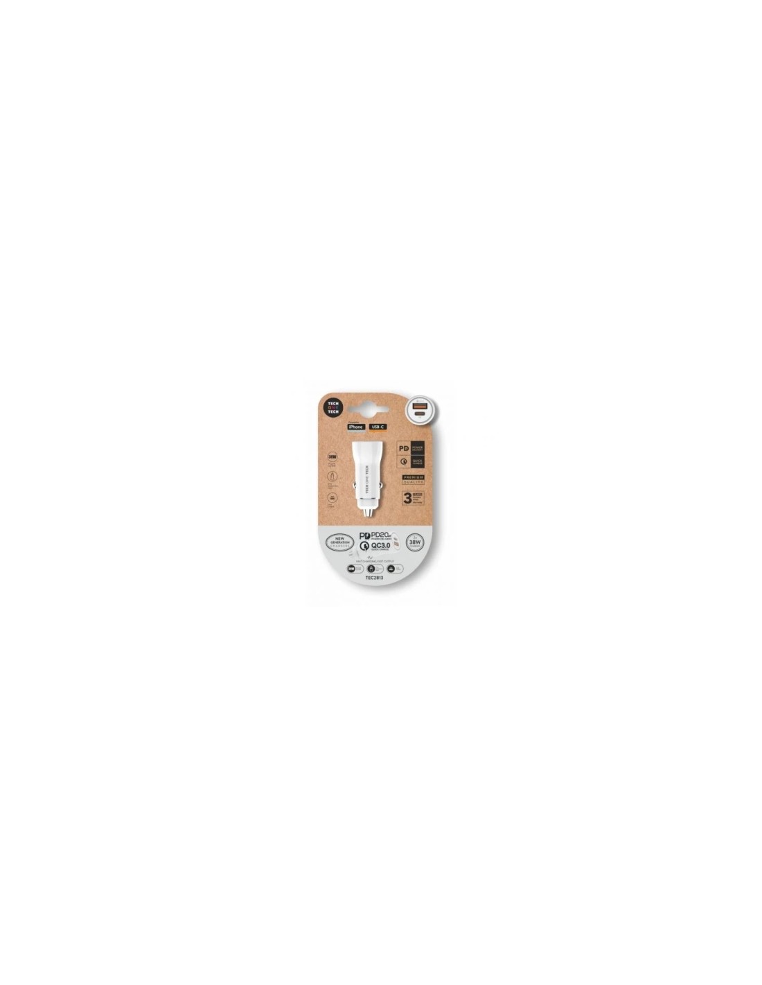 Cargador de Coche Tech One Tech TEC2813/ 1xUSB-Tipo C/ 1xUSB/ 38W