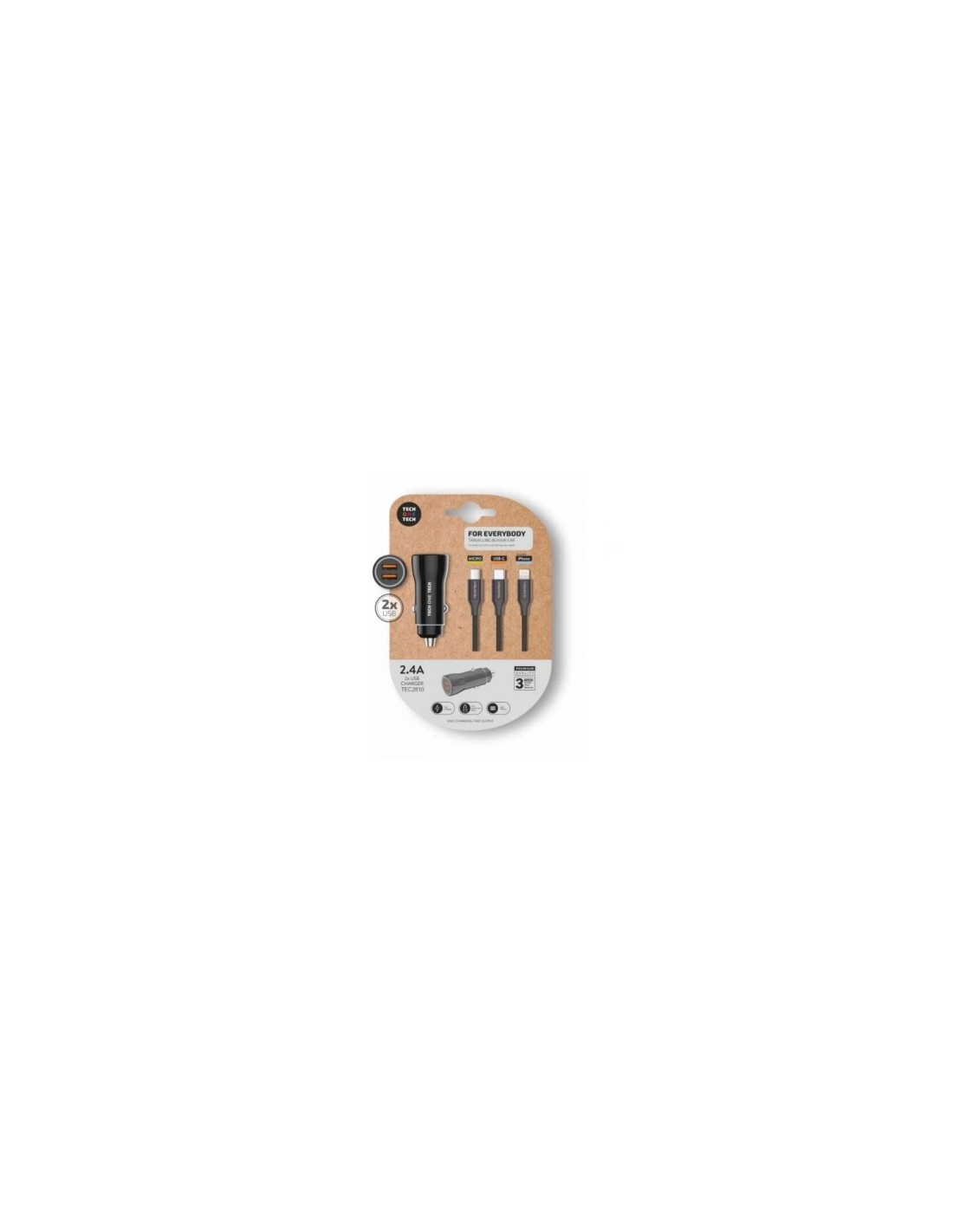 Cargador de Coche Tech One Tech TEC2810/ 2xUSB + Cable 3 en 1/ 2.4A