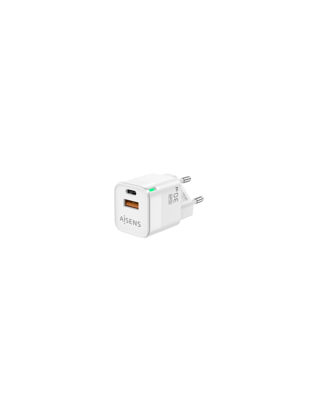 AISENS Cargador Gan 30W, 1xUSB-C PD3.0 QC4.0, 1xUSB-A QC3.0, Blanco