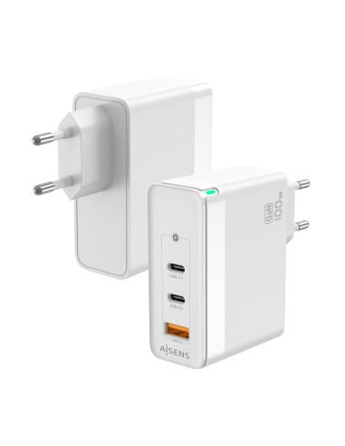 AISENS Cargador Gan 100W, 2xUSB-C PD3.0 QC4.0 QC5.0, 1xUSB-A QC3.0,
