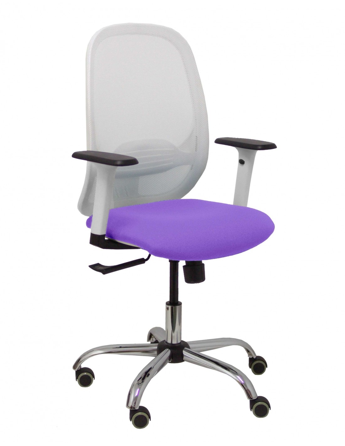 Piqueras y Crespo Silla Cilanco blanca malla blanca asiento bali lila brazo regulable base cromada ruedas de parque