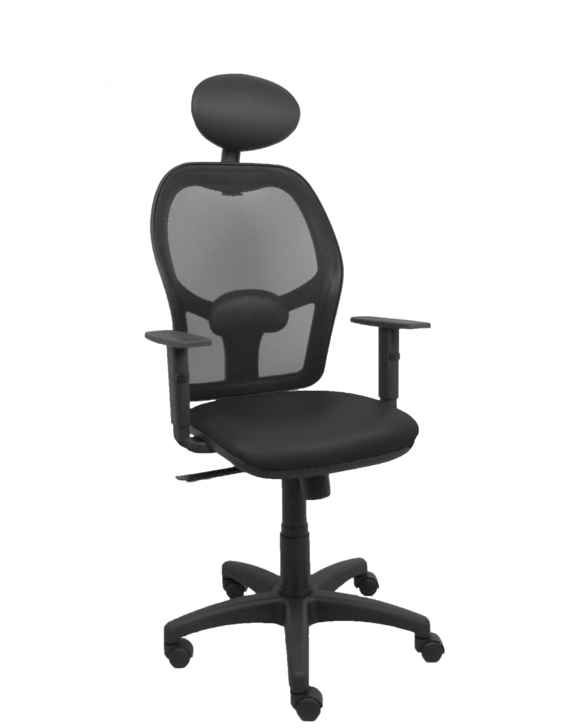 Piqueras y Crespo Silla Alocén malla negra asiento similpiel negro brazos regulables cabecero fijo