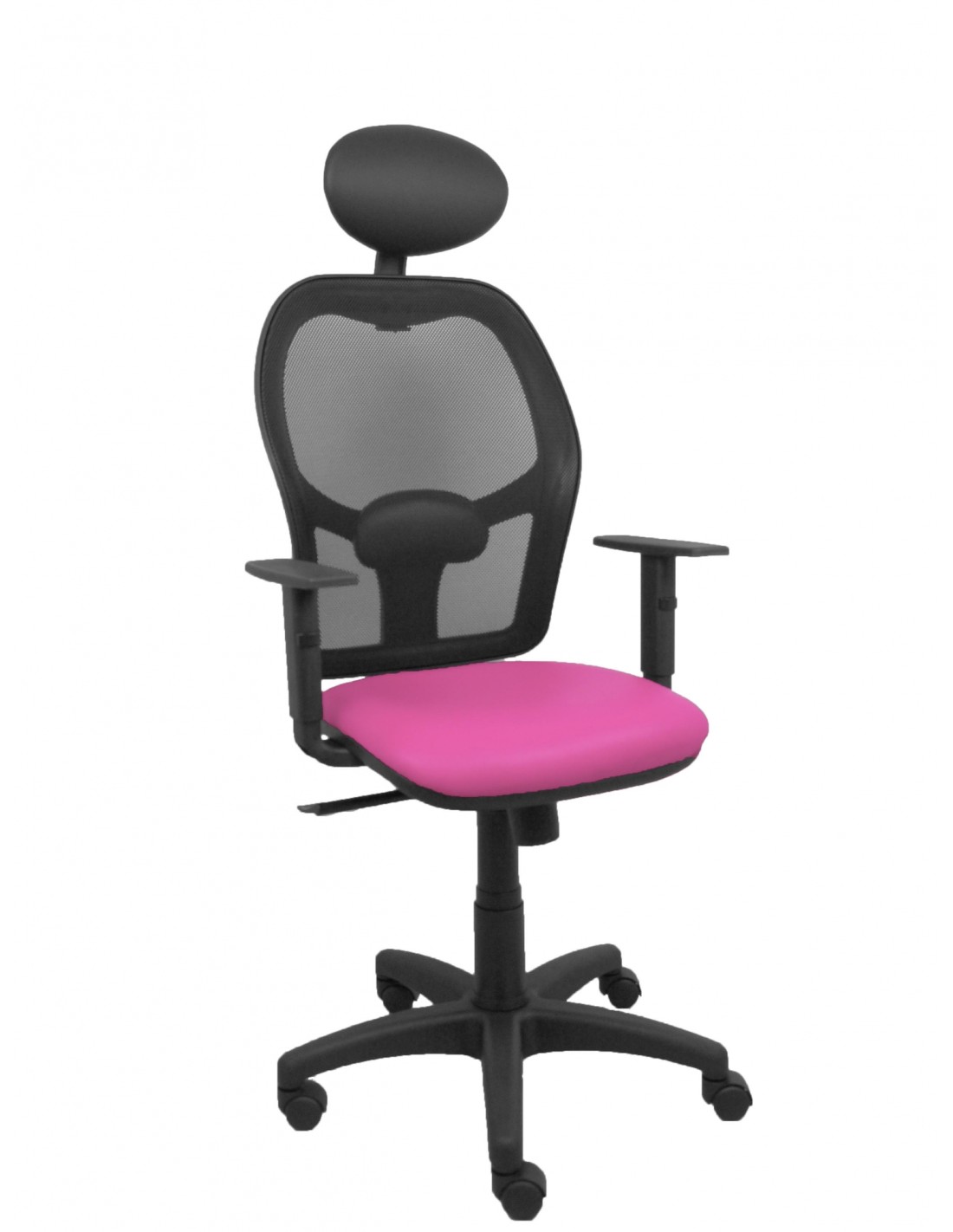 Piqueras y Crespo Silla Alocén malla negra asiento similpiel rosa brazos regulables cabecero fijo