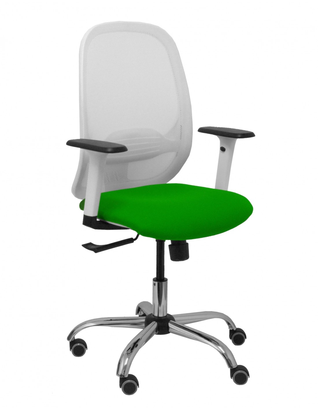 Piqueras y Crespo Silla Cilanco blanca malla blanca asiento bali verde brazo regulable base cromada ruedas de parque