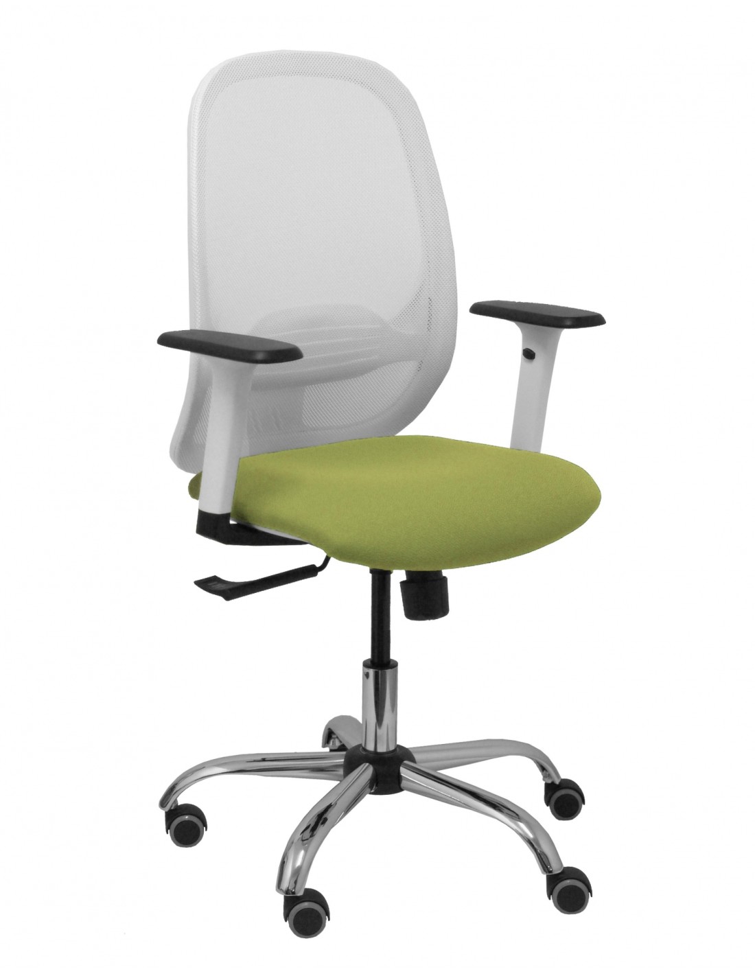 Piqueras y Crespo Silla Cilanco blanca malla blanca asiento bali verde oliva brazo regulable base cromada ruedas de parque