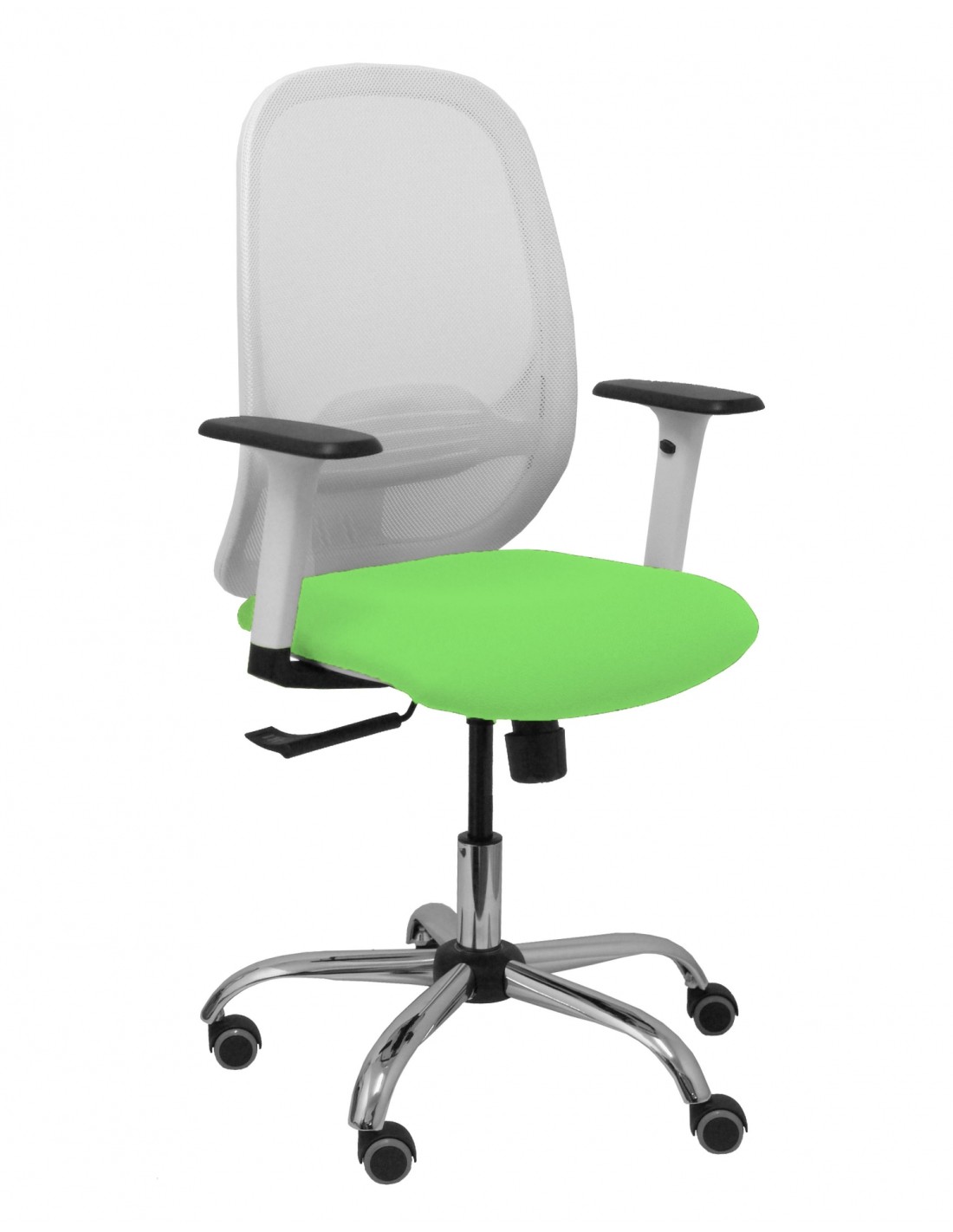 Piqueras y Crespo Silla Cilanco blanca malla blanca asiento bali pistacho brazo regulable base cromada ruedas de parqué