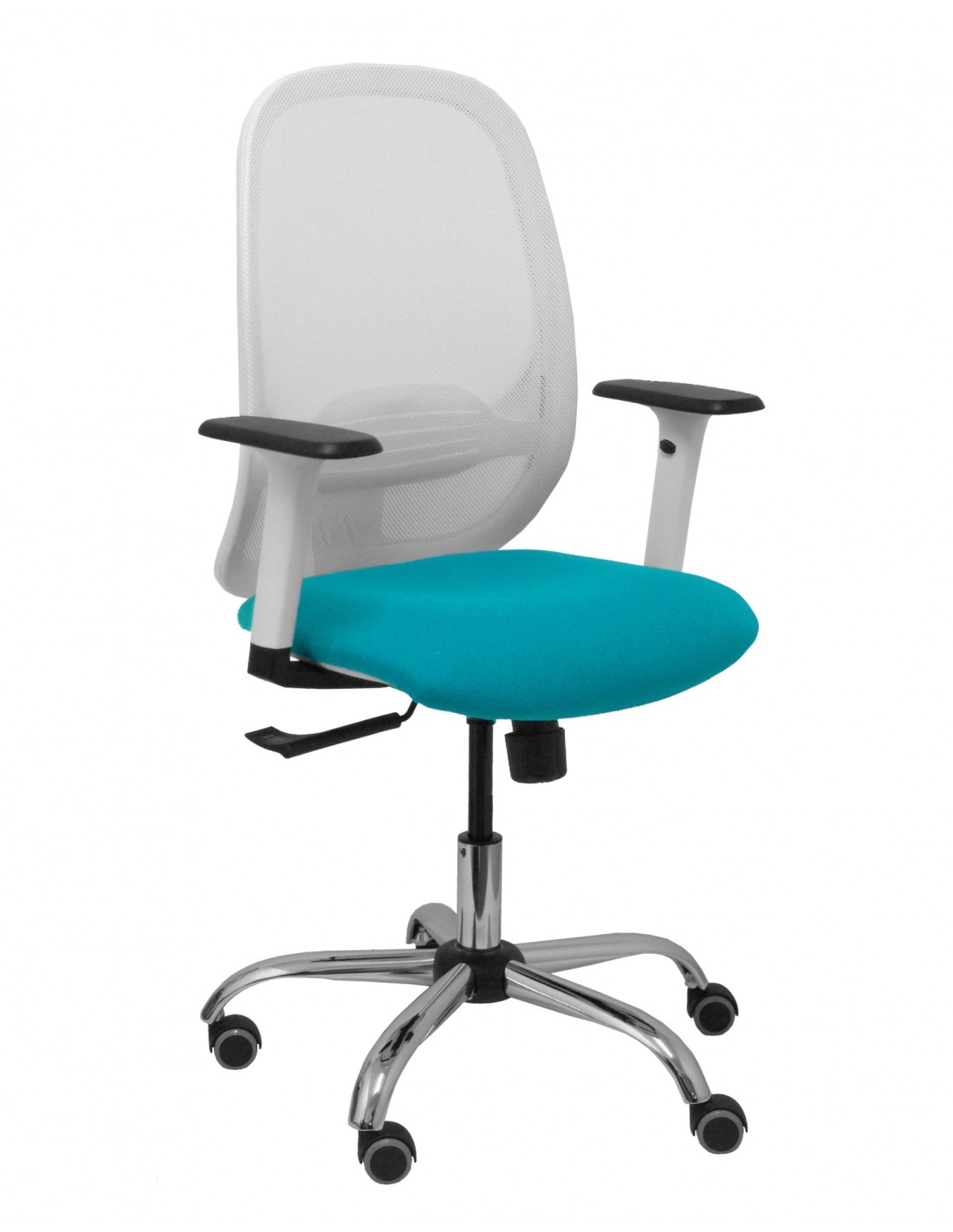 Piqueras y Crespo Silla Cilanco blanca malla blanca asiento bali turquesa brazo regulable base cromada ruedas parqué