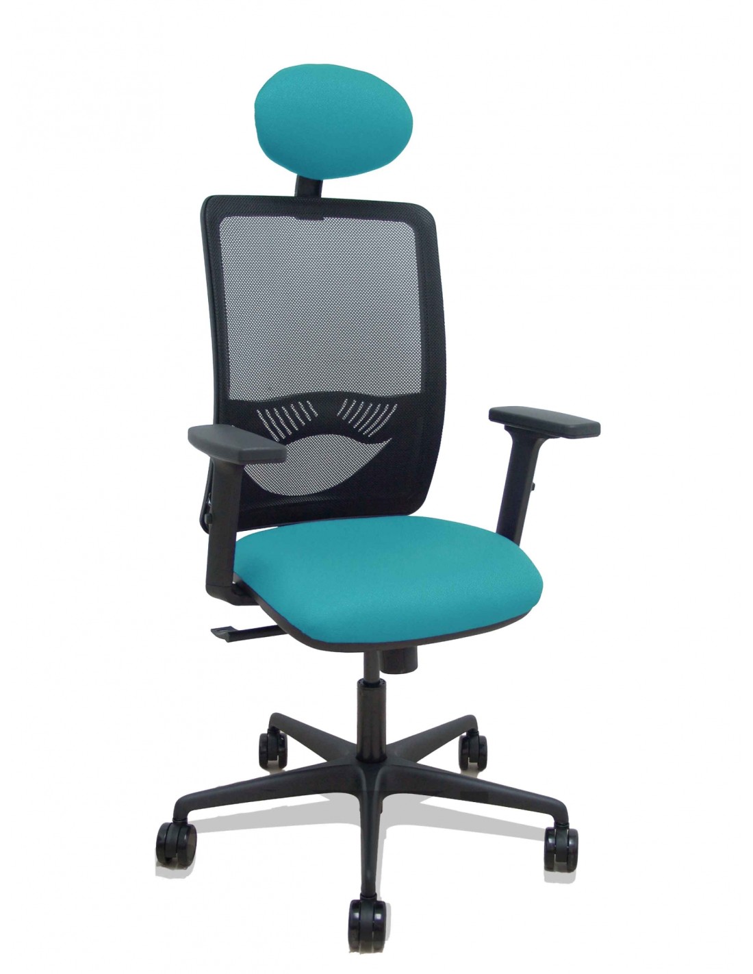 Piqueras y Crespo Silla Zulema sincro malla negra asiento bali turquesa brazos 2D ruedas 65mm cabecero