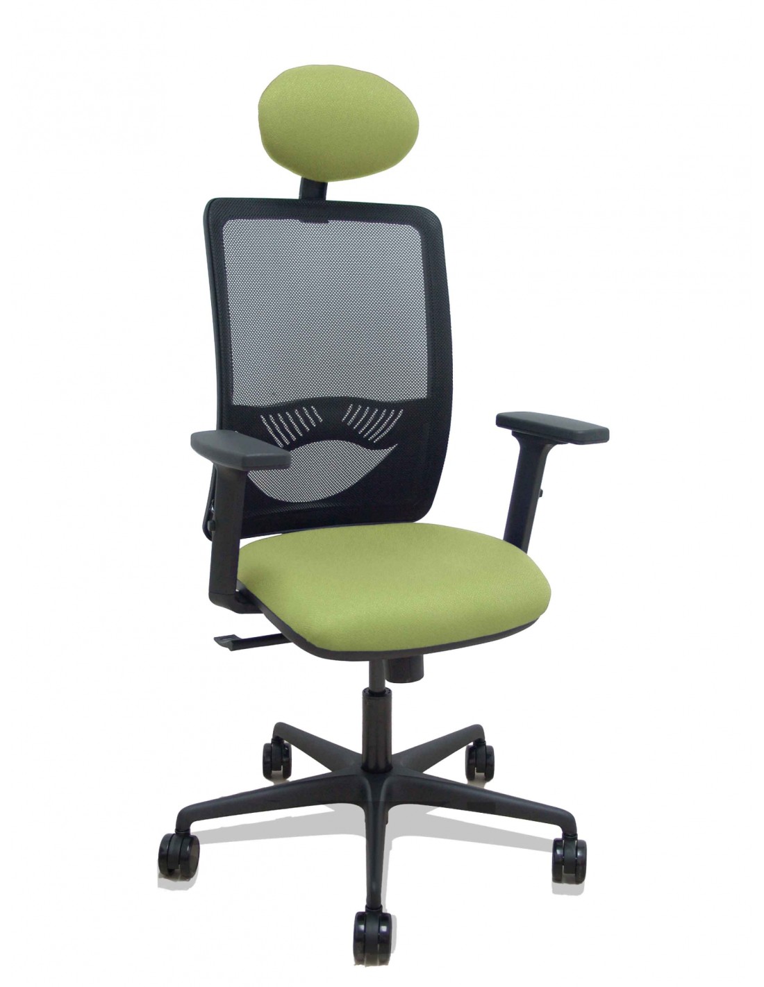 Piqueras y Crespo Silla Zulema sincro malla negra asiento bali verde oliva brazos 2D ruedas 65mm cabecero