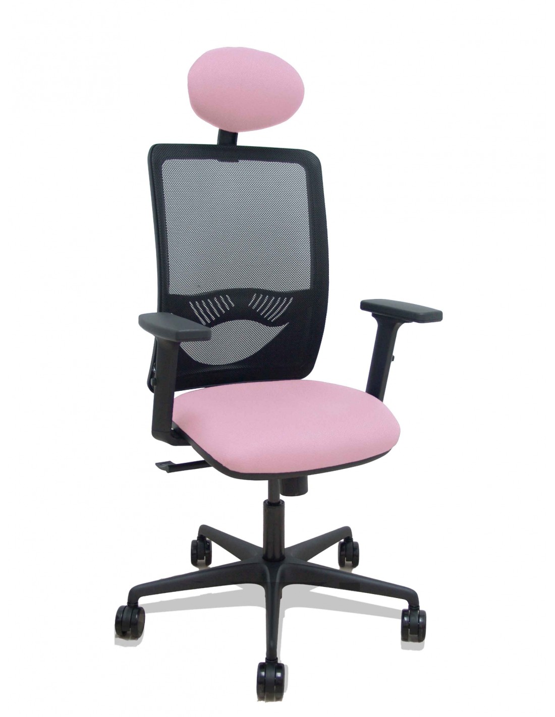 Piqueras y Crespo Silla Zulema sincro malla negra asiento bali rosa brazos 2D ruedas 65mm cabecero