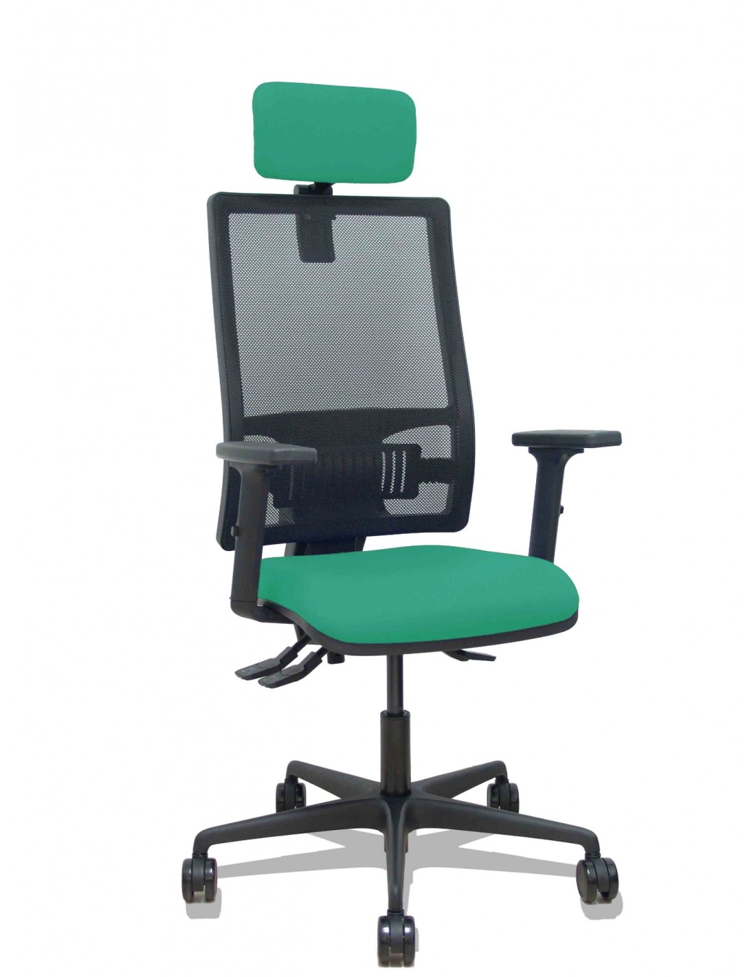Piqueras y Crespo Silla Bormate asincro malla negra asiento bali verde esmeralda brazos 2D ruedas 65mm cabecero regulable