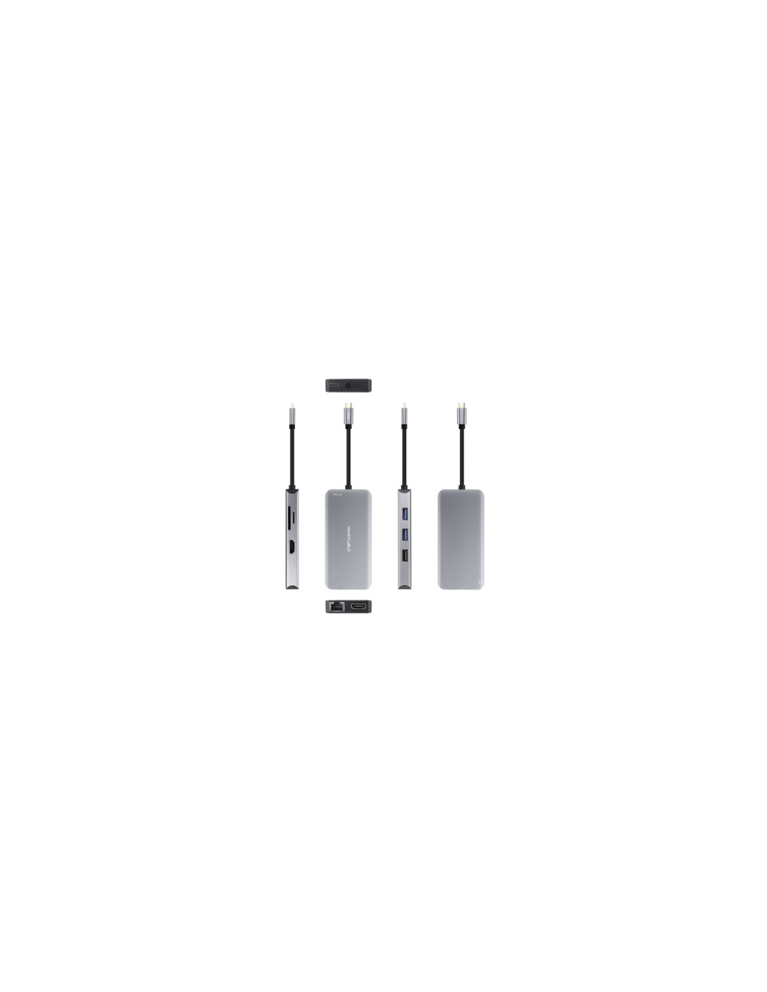 Nanocable HUB USB-C 9 en 1, Conversor USB-C a 3 x USB-A + 2 x HDMI + RJ45 + TF + SD + USB-C PD 100W, Aluminio, 15 cm, Gris