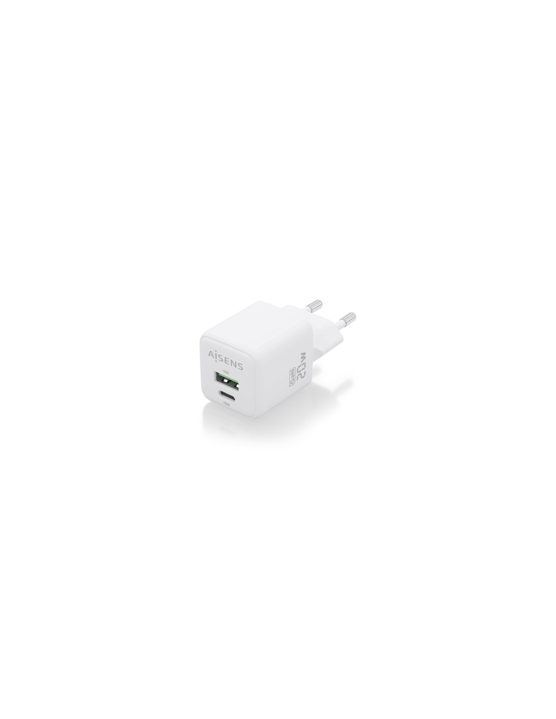 AISENS Cargador GaN 20W, 1xUSB-C PD3.0 QC4.0, 1xUSB-A QC3.0, Blanco