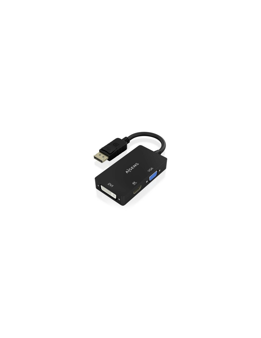 AISENS Conversor Displayport V1.2 a VGA/DVI/HDMI, DP 1.2/M-VGA/H-DVI/H-HDMI/H 4K, Negro, 15cm