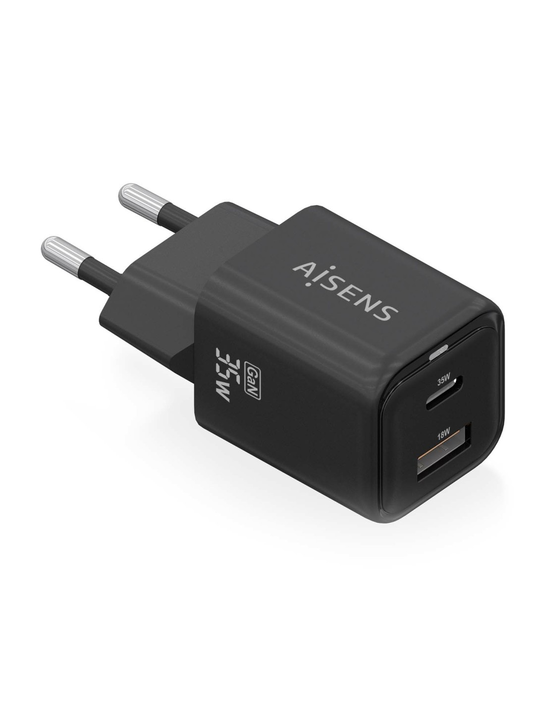 AISENS Cargador Gan 35W, 1xUSB-C PD3.0 QC4.0, 1xUSB-A QC3.0, Negro