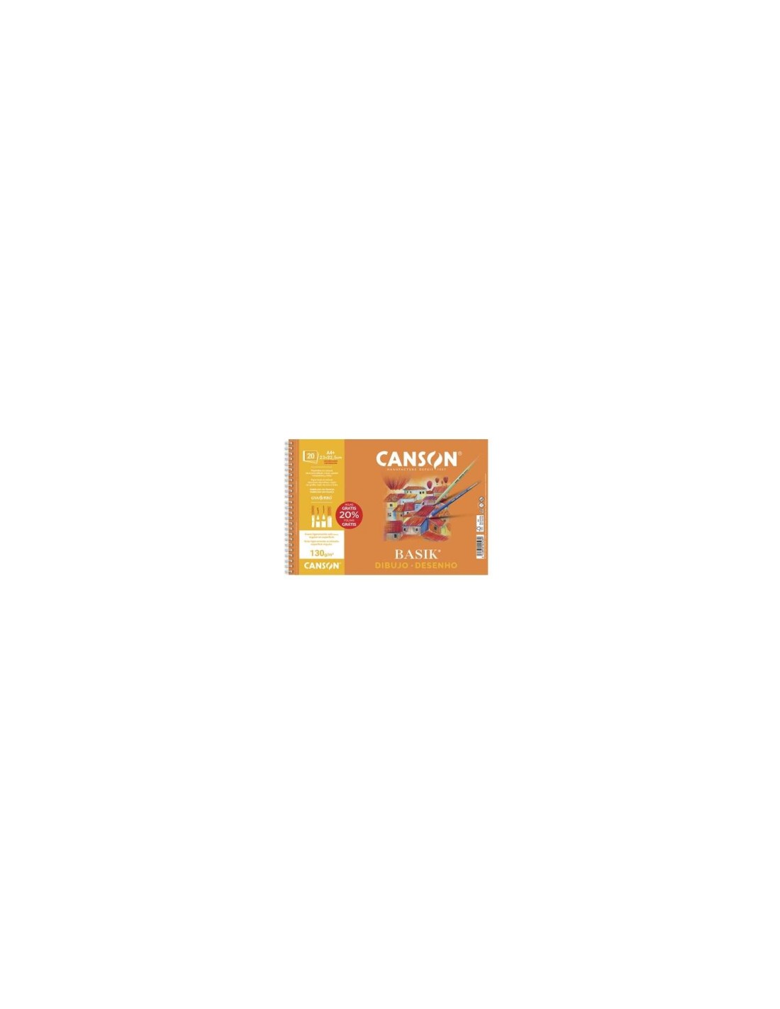 Canson Basik Bloc de Dibujo Espiral 20 Hojas A4+ 130g - Con Recuadro - Medidas 23x32.5cm - Color Blanco