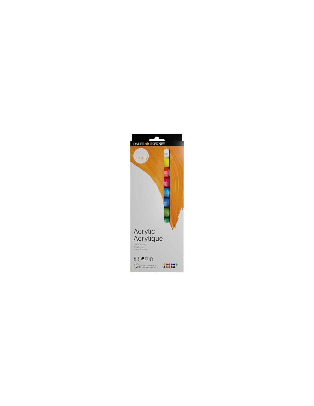 Daler Rowney Simply Pack de 12 Pinturas Acrilicas 12ml - Secado Rapido - Optima Cobertura - Mezclables - Colores Surtidos