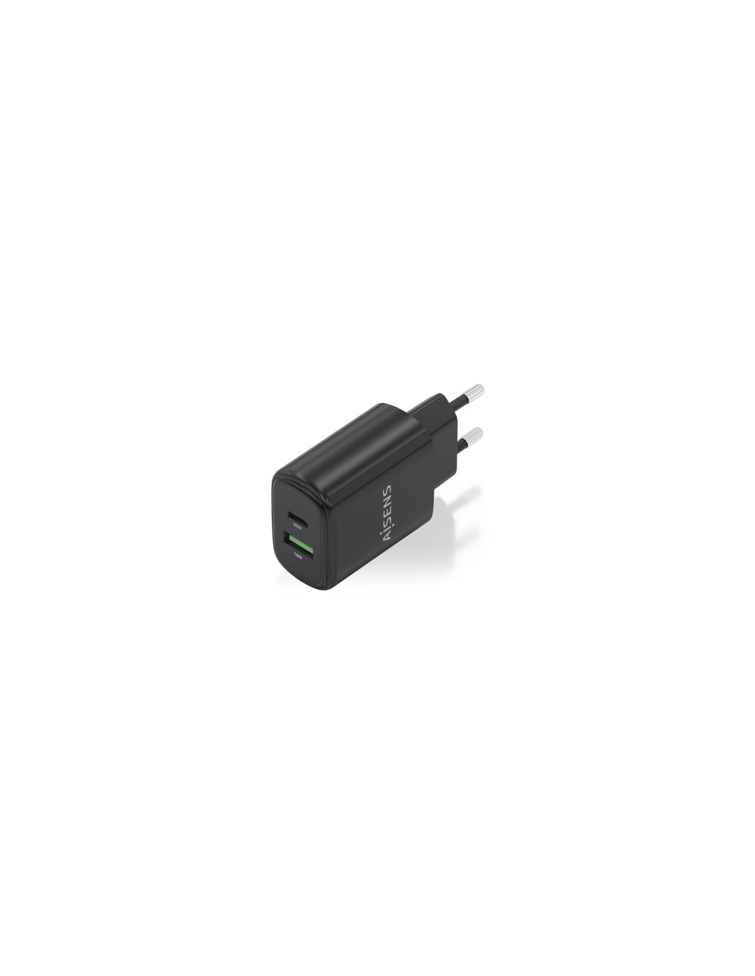 AISENS Cargador GaN 20W, 1xUSB-C PD3.0, 1xUSB-A QC3.0, Negro