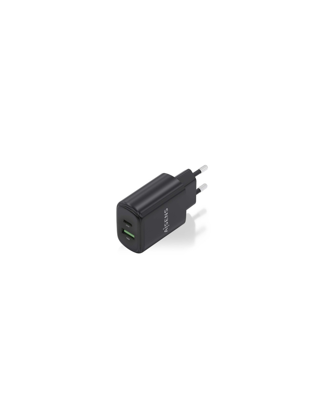 AISENS Cargador GaN 25W, 1xUSB-C PD3.0, 1xUSB-A QC3.0, Negro
