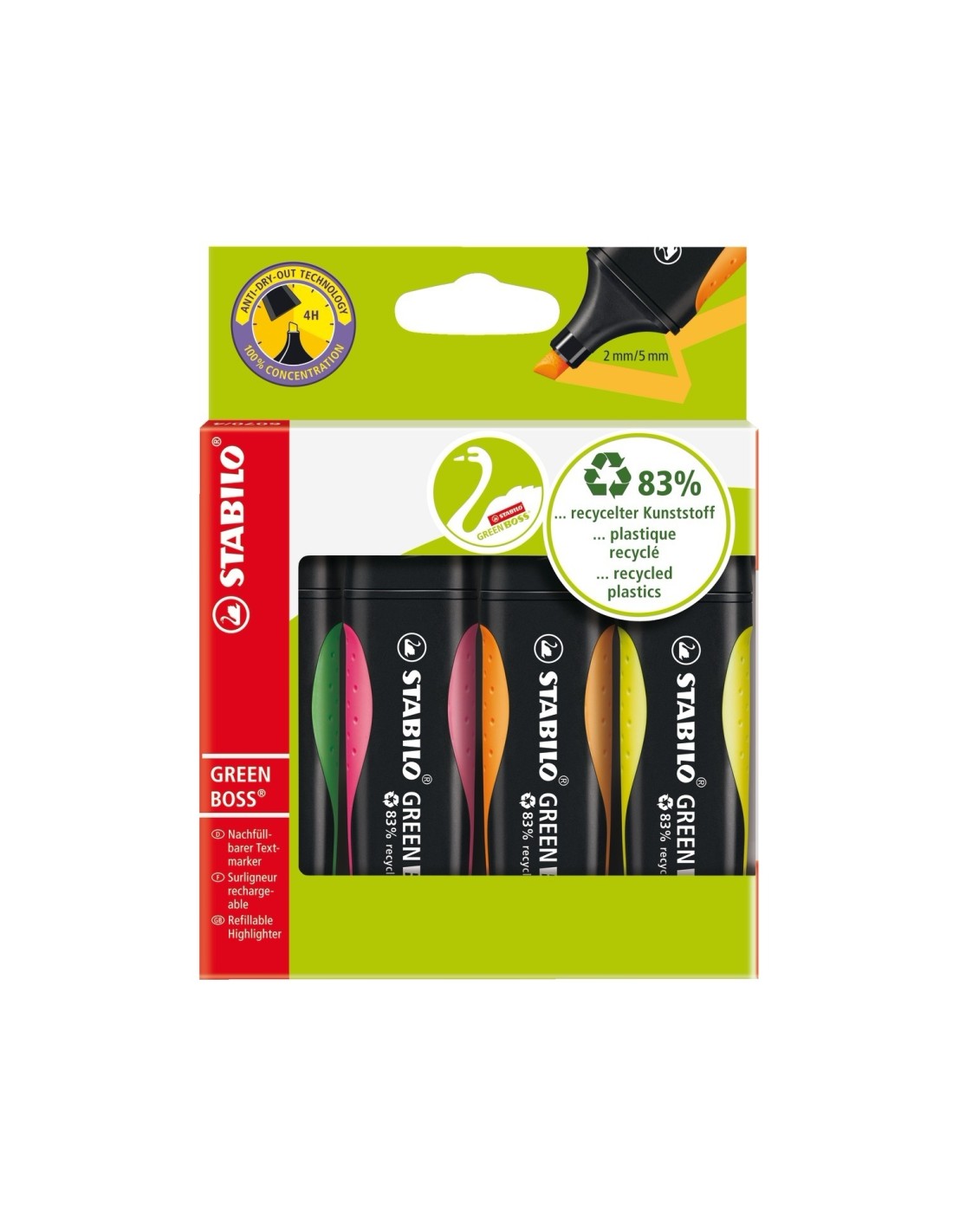 STABILO GREEN BOSS marcador 4 pieza(s) Punta de cincel Verde, Naranja, Rosa, Amarillo