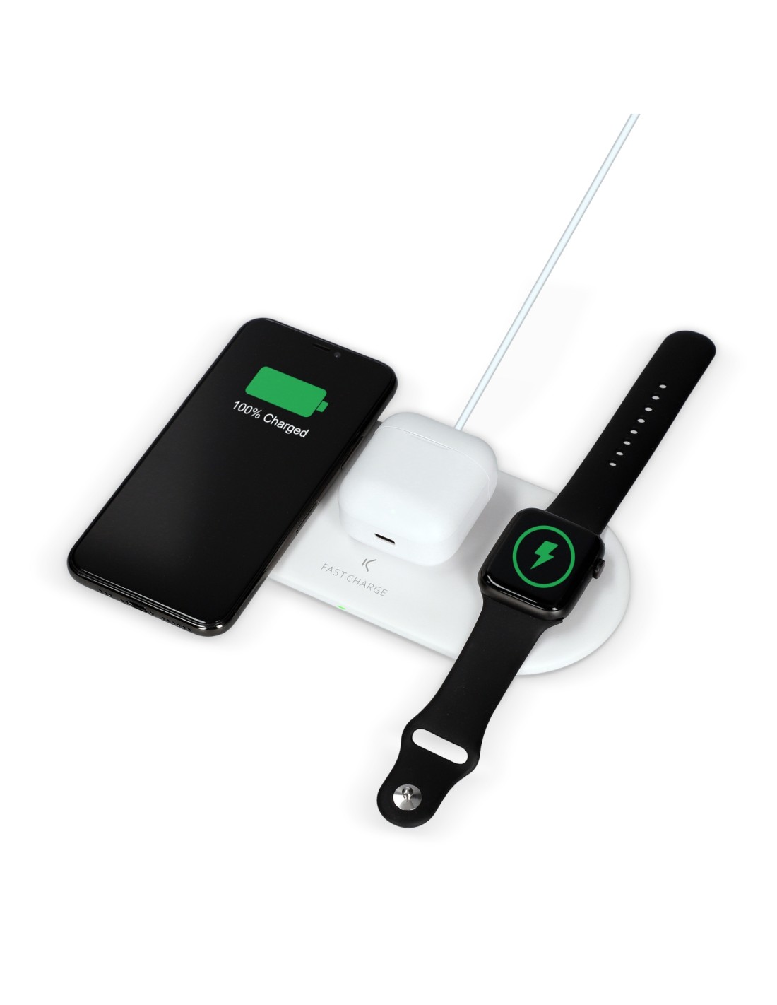 Ksix Cargador inalámbrico 3en1 15 W, Tec. Qi, Compat. móvil, Airpods y Apple Watch, Cargador de red incluido, Blanco