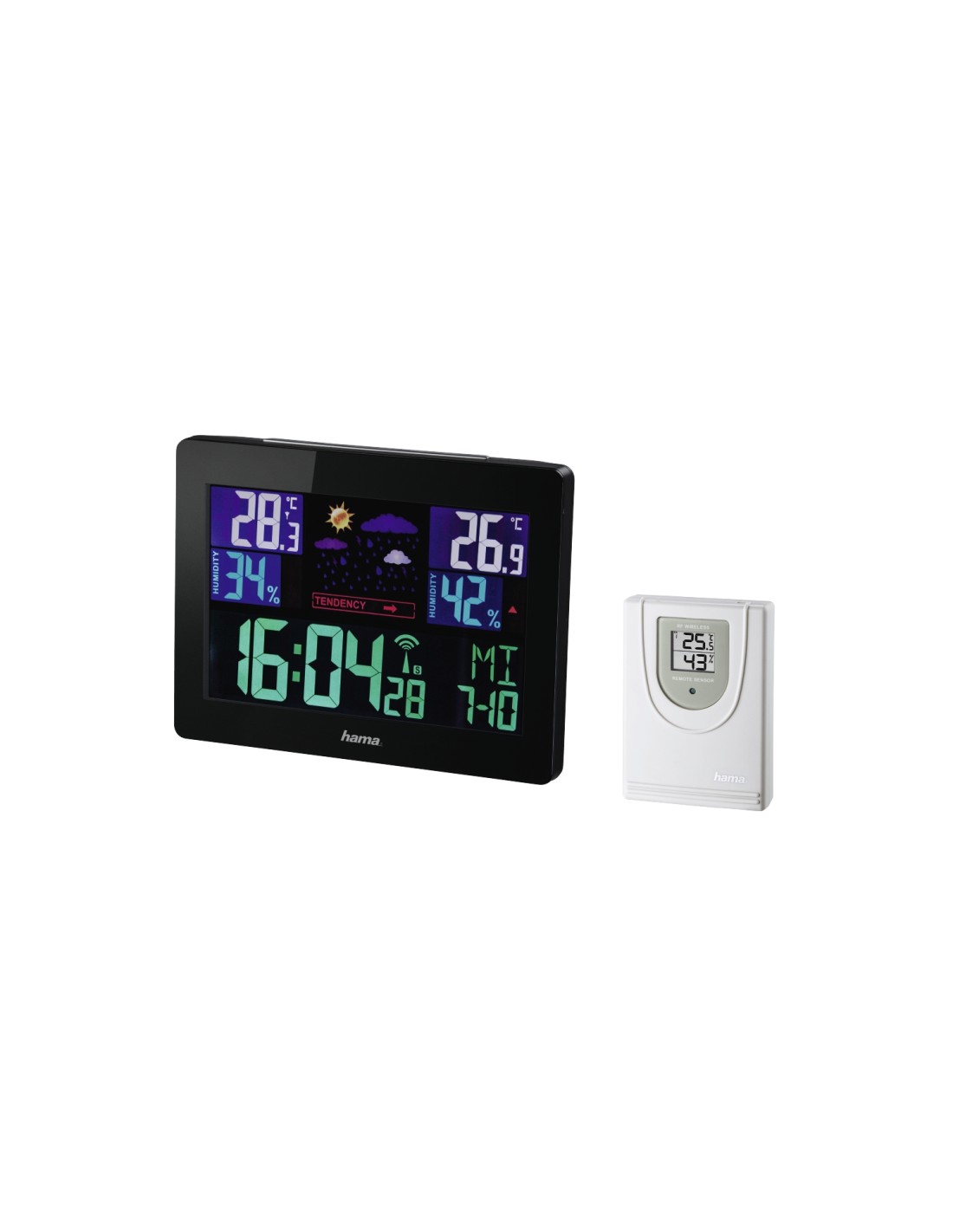 Hama | Estación Meteorológica, con sensor exterior, con reloj de radio, pantalla a color, higrómetro y termómetro, Color negro.