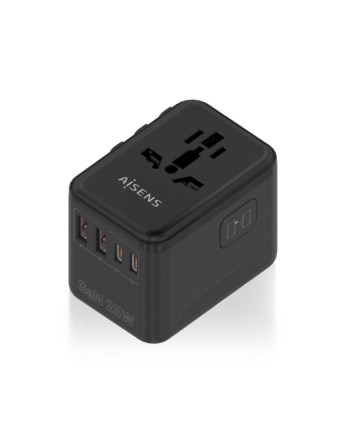AISENS Adaptador Enchufe Universal Para Viaje EU/USA/UK/AU Con Cargador USB GaN, 2xUSB-A QC3.0, 2xUSB-C PD3.0 25W, Negro