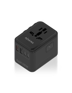 AISENS Adaptador Enchufe Universal Para Viaje EU/USA/UK/AU Con Cargador USB GaN, 2xUSB-A (A1 QC3.0), 3xUSB-C (C1 PD3.0) 35W, Neg