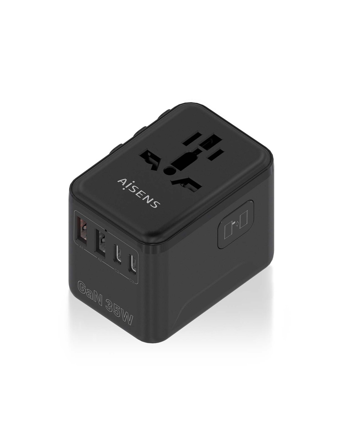 AISENS Adaptador Enchufe Universal Para Viaje EU/USA/UK/AU Con Cargador USB GaN, 2xUSB-A (A1 QC3.0), 3xUSB-C (C1 PD3.0) 35W, Neg