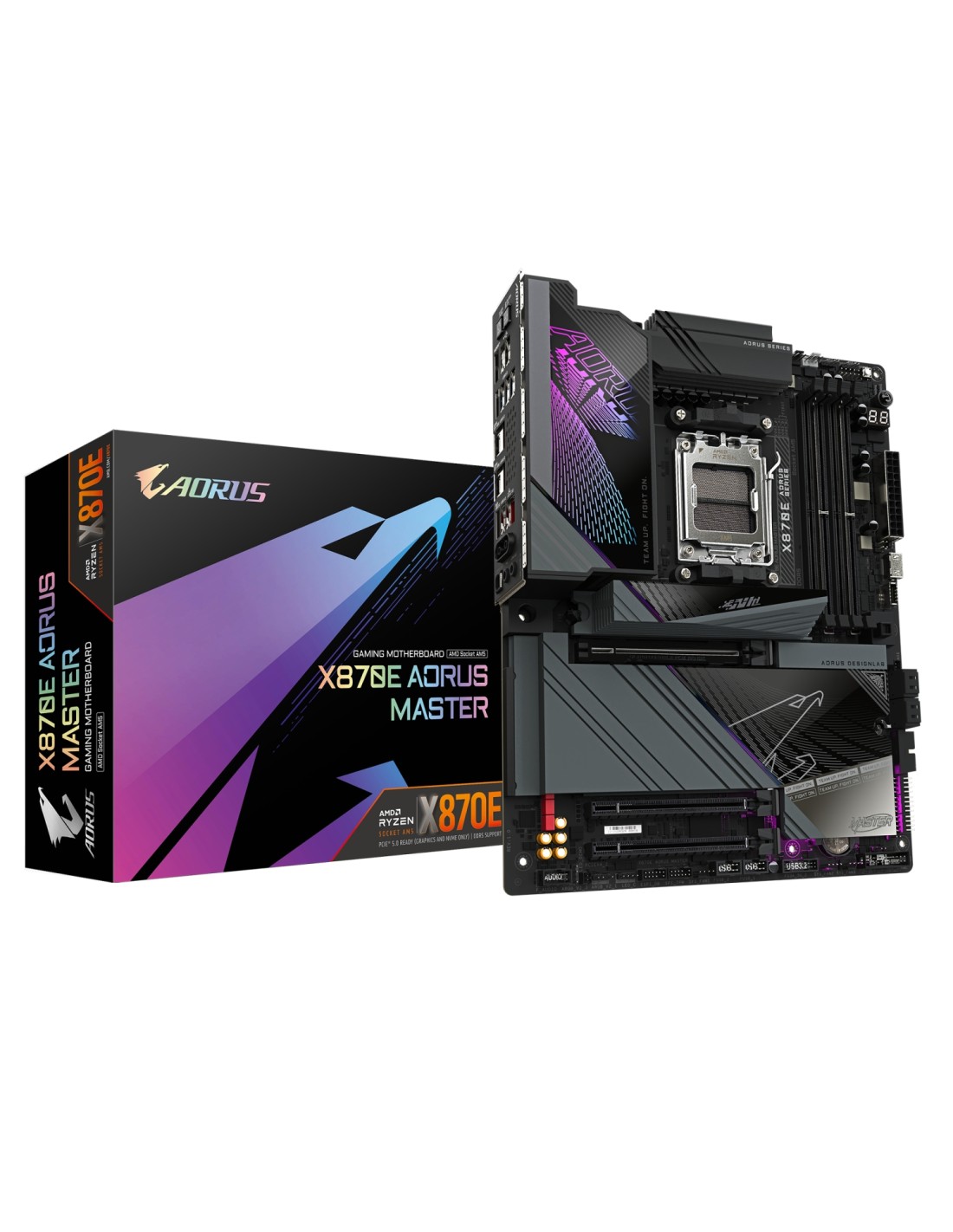 GIGABYTE X870E AORUS MASTER Placa Base - Compatible con CPUs AMD Ryzen 9000, 16+2+2 fases VRM digitales, hasta 8600MHz DDR5 (OC)