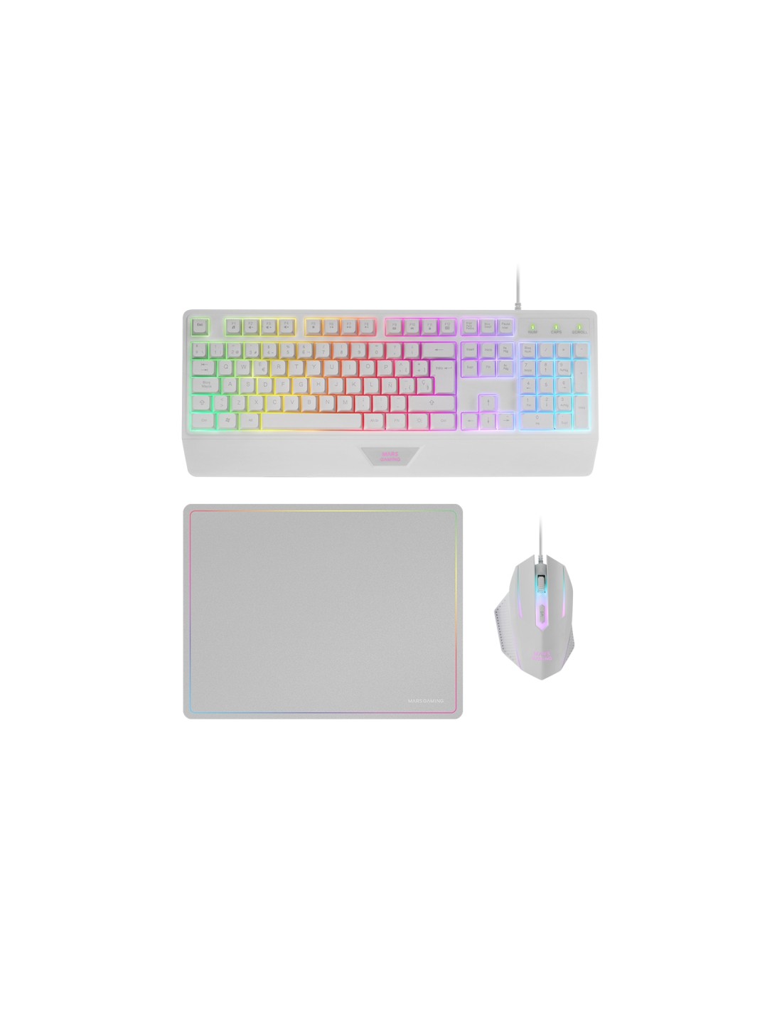 Mars Gaming MCP124, Combo Gaming 3en1, Teclado Ergonómico H-Mech LED RGB, Ratón RGB 3200DPI Switches HUANO, Alfombrilla Nanotext