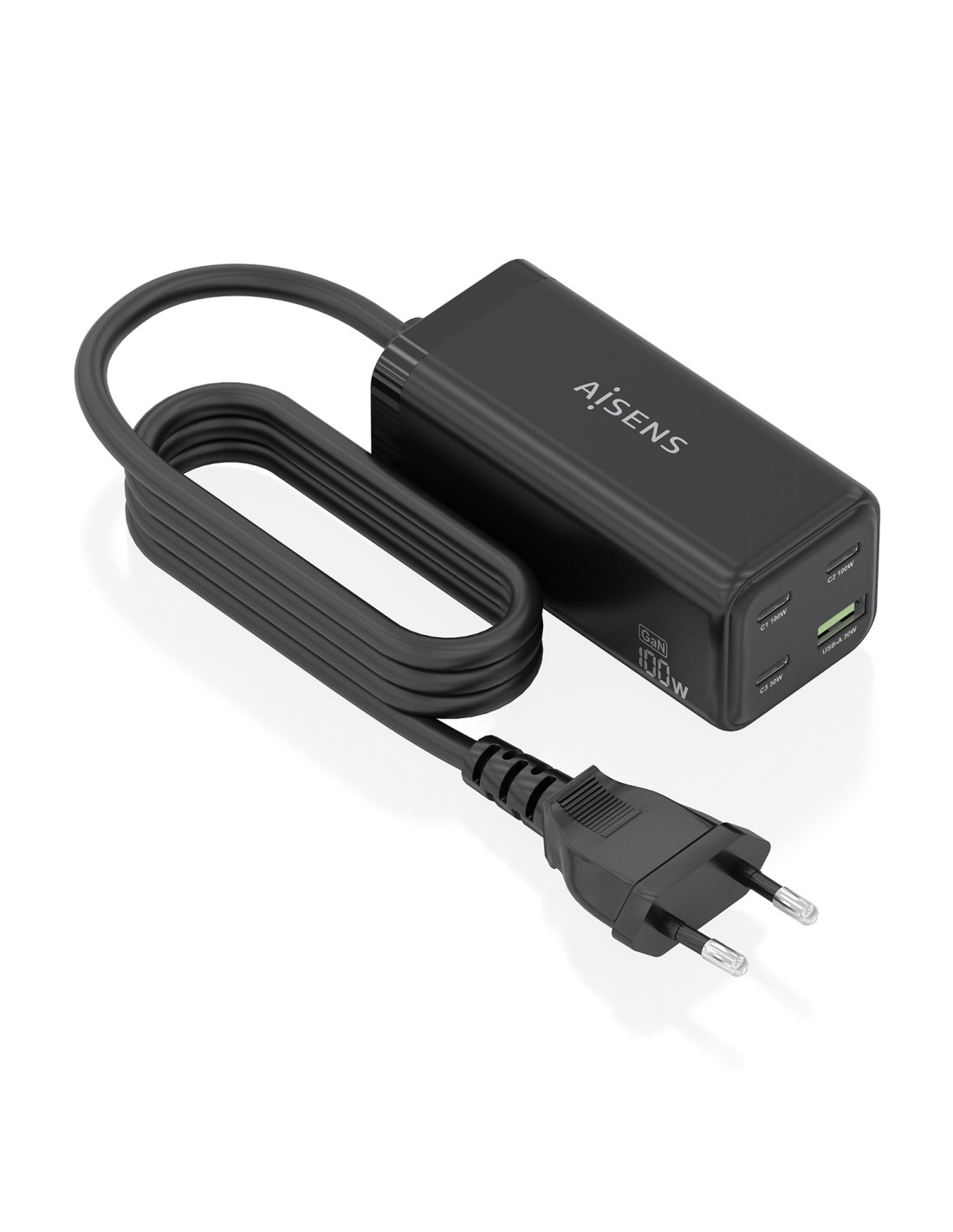 AISENS Cargador Sobremesa GaN 100W, 3x USB-C PD3.0 QC4.0 QC5.0, 1x USB-A QC3.0, Negro