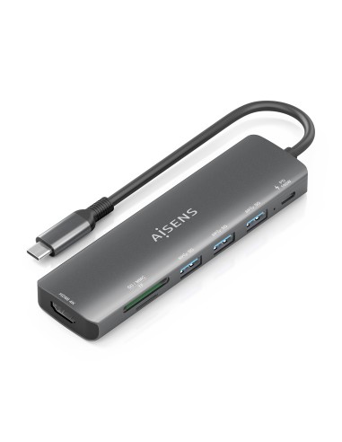 AISENS USB-C Dock 7 en 1, USB-C A, 1x HDMI, 3x USB-A, 1x USB-C PD 100W, 1x SD, 1x MicroSD, Gris, 15cm