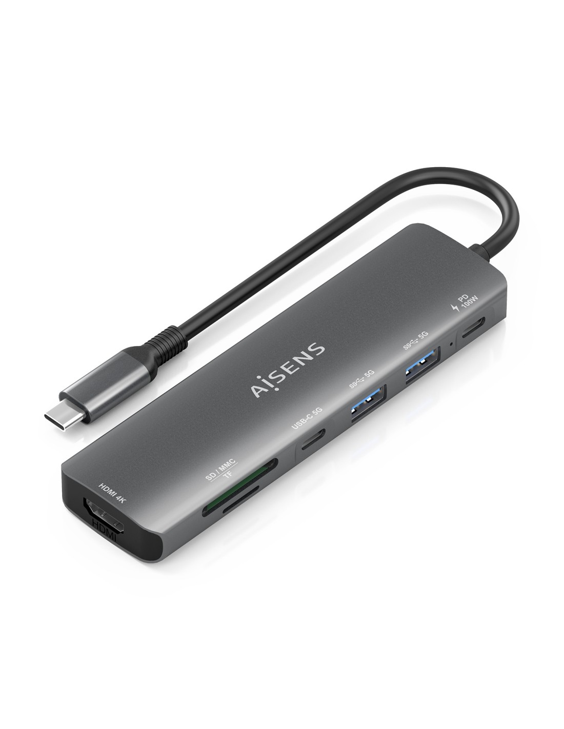AISENS USB-C Dock 7 en 1, USB-C A, 1x HDMI, 2x USB-A, 1x USB-C, 1x USB-C PD 100W, 1x SD, 1x MicroSD, Gris, 15cm