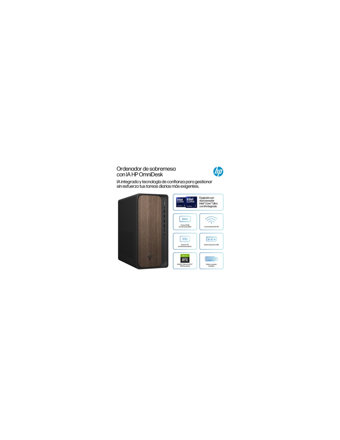 HP OmniDesk Desktop AI M03-0019ns PC Intel Core Ultra 5 225 16 GB DDR5-SDRAM 1 TB SSD Windows 11 Home Torre AI PC Madera, Negro