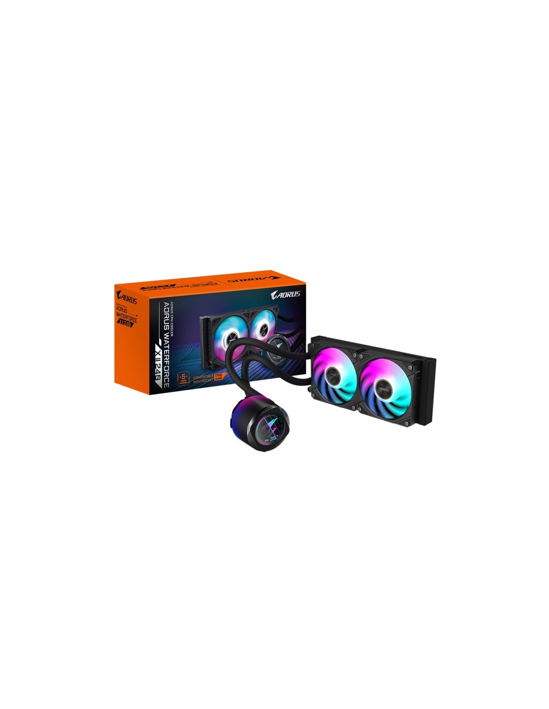 GIGABYTE AORUS WATERFORCE X II 240 Refrigerador de CPU líquido AIO - 2x ventiladores ARGB de 120 mm, pantalla LCD a todo color, 