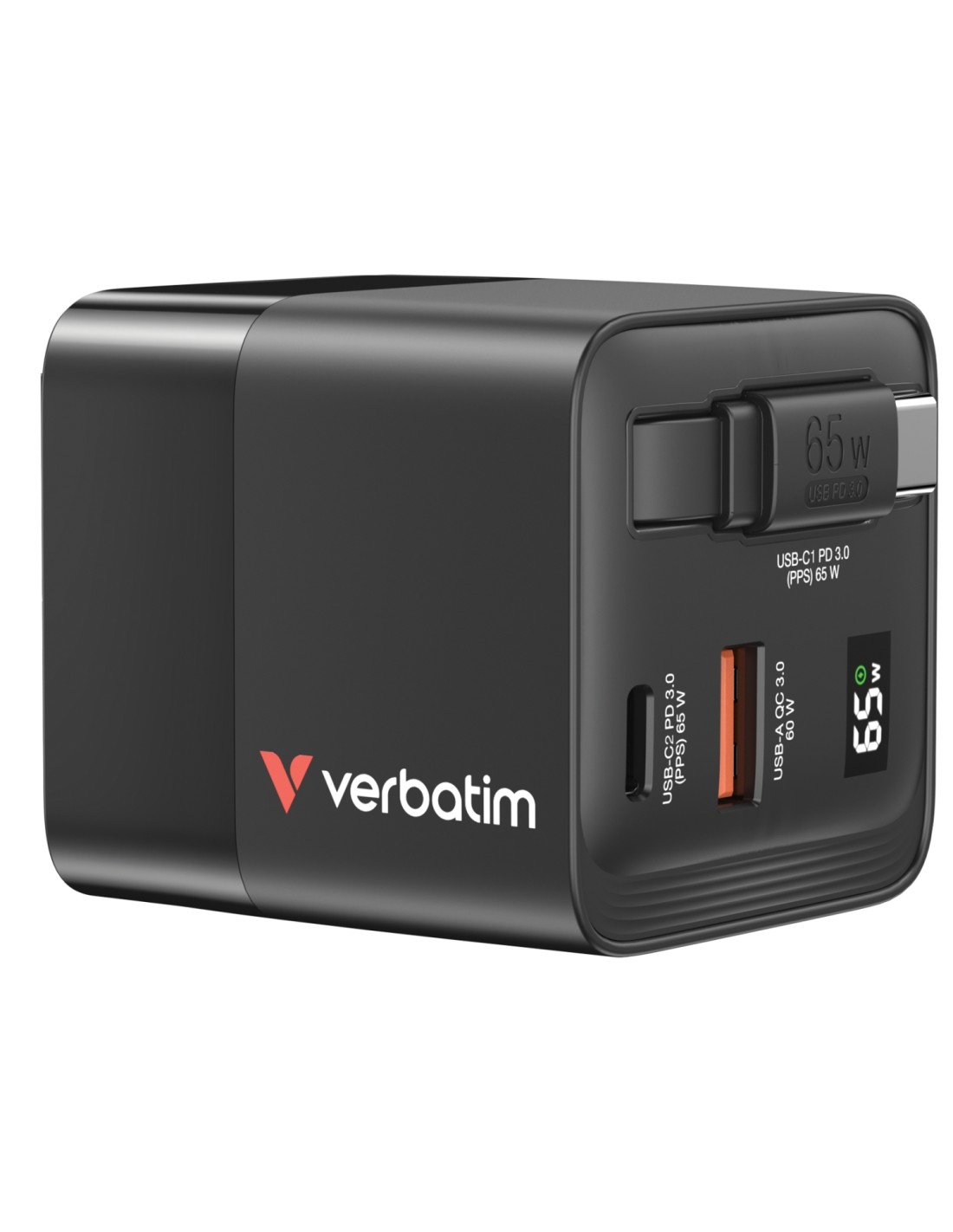 Verbatim GaN Charger 65W Universal Negro Corriente alterna Carga rápida Interior