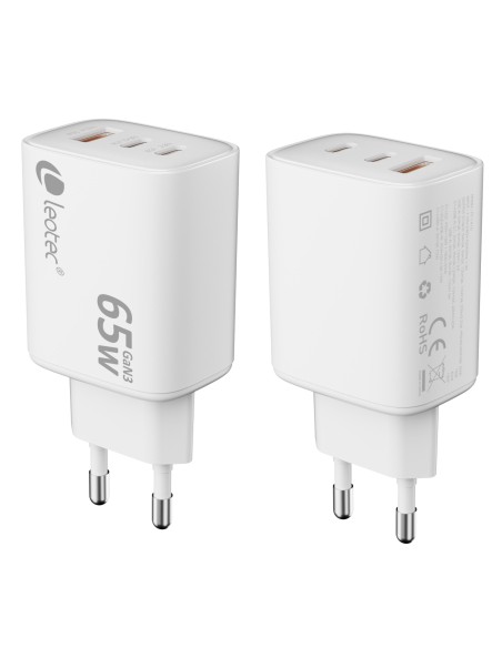 Leotec CARGADOR UNIVERSAL 65W GAN ULTRA SLIM 2 USB C PD+1 USB A BLANCO