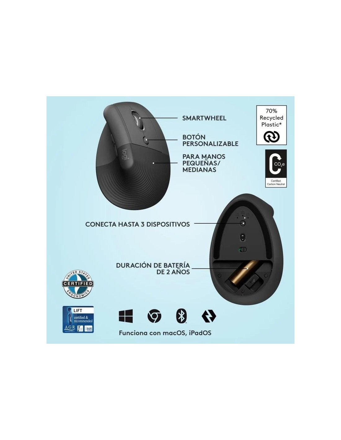 RATON LOGITECH LIFT VERTICAL WIRELESS ERGONOMIC 4000DPI 6 BOTONES BLACK