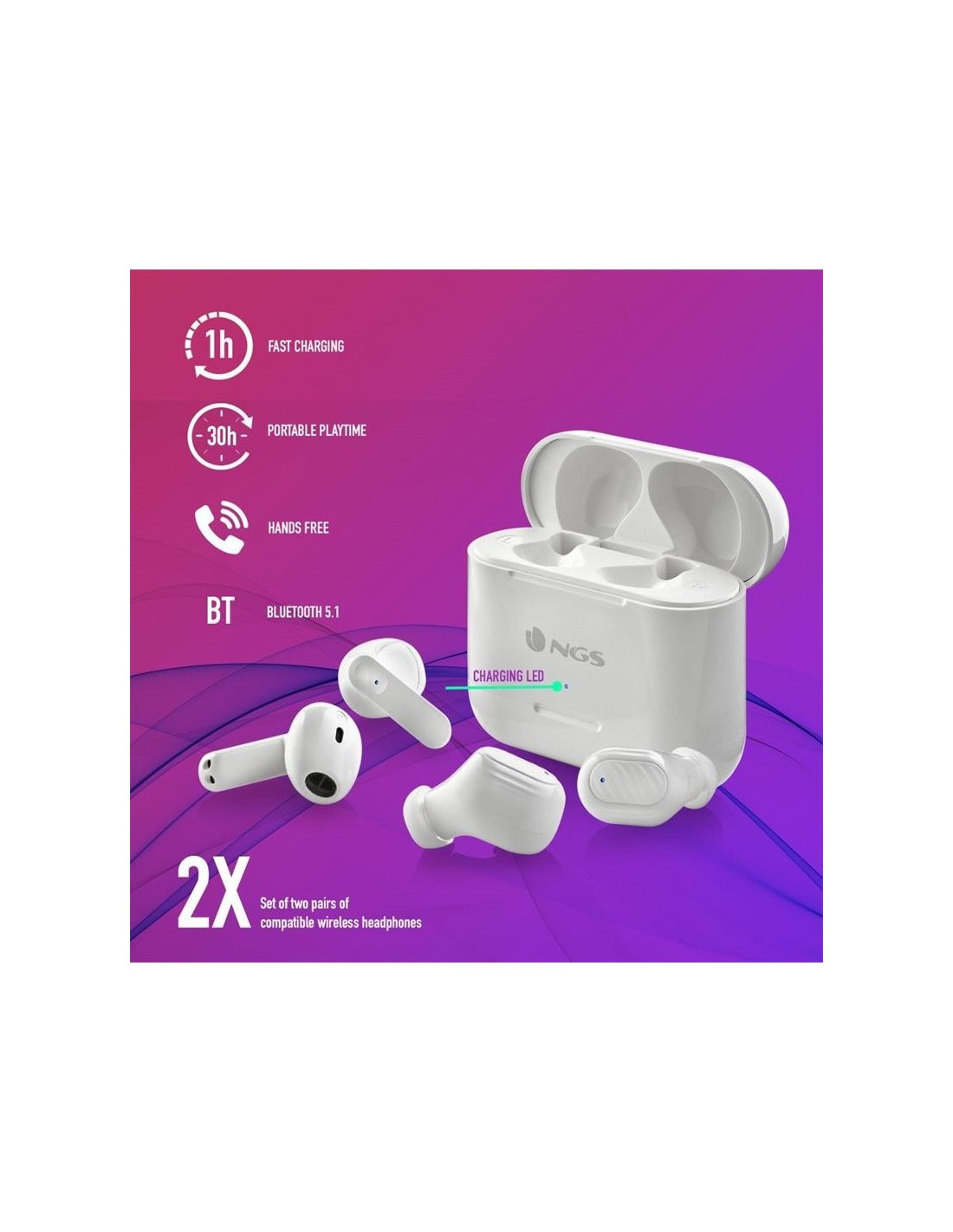 AURICULARES NGS ARTICA DUO EARPHONES BLUETOOTH WIRELESS WHITE ( PACK 2UD )