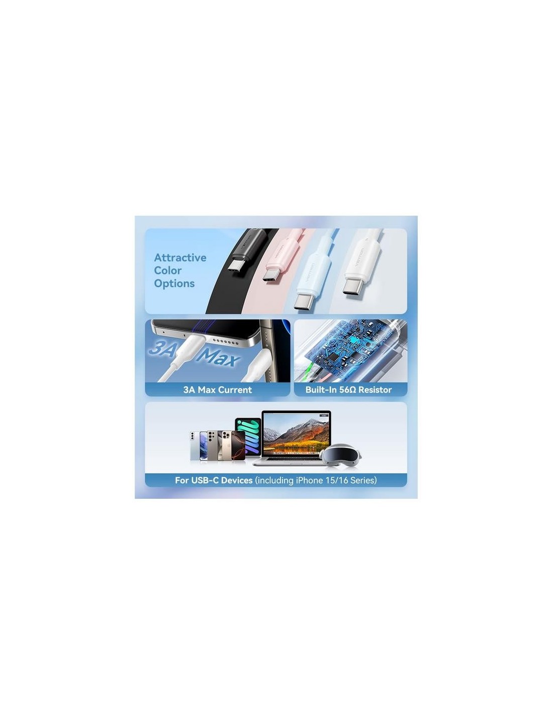 CABLE VENTION USB-A 2.0 - USB-C 3A 2M ALUMINIO BLUE