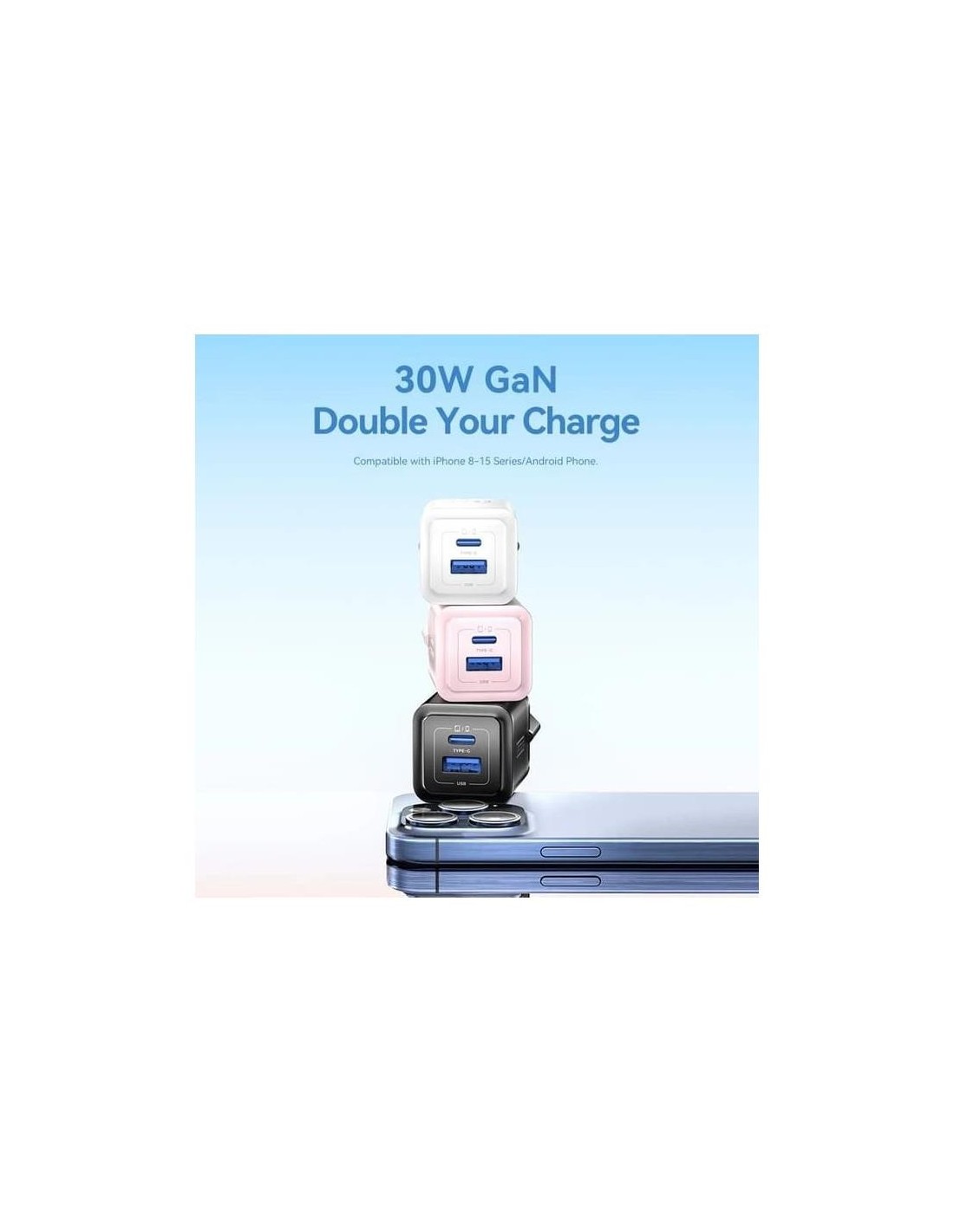 CARGADOR DE PARED VENTION GAN USB-C USB-A 30W BLUE
